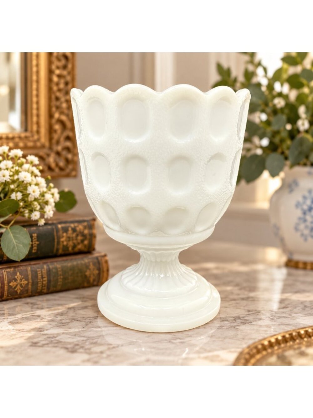 Title: Vintage 60s E.O. Brody Milk Glass Thumbprint Pedestal Vase